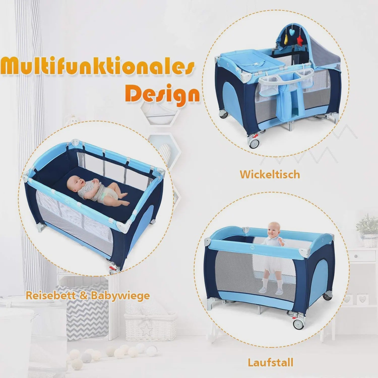 4-in-1 Baby Reisbedje: Wiege, Commode, Speelbox & Muziek - Inklapbaar & Draagbaar