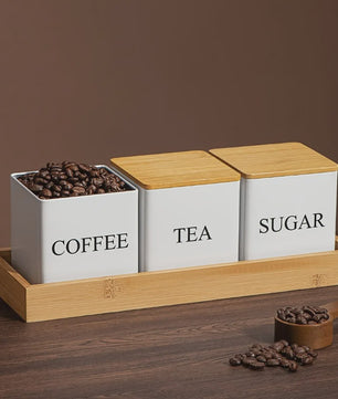 Set van 3 Keuken Potten met Bamboe Deksel - Voor Koffie, Thee & Suiker - Zwart/Wit - 500ml