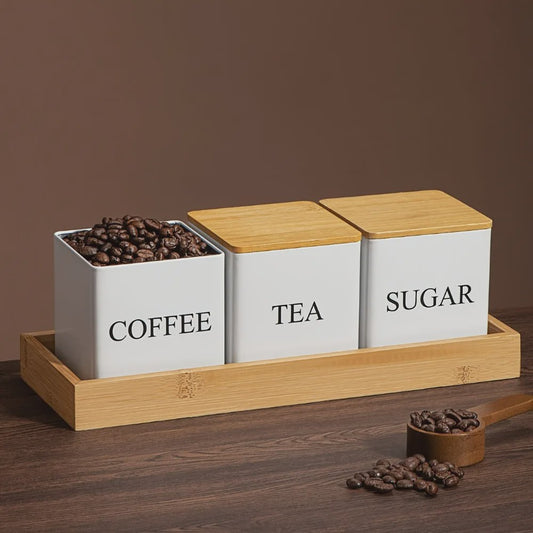 Set van 3 Keuken Potten met Bamboe Deksel - Voor Koffie, Thee & Suiker - Zwart/Wit - 500ml