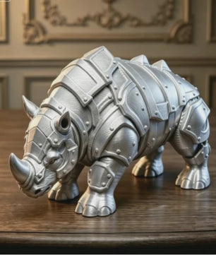 3D Geprinte Gepantserde Neushoorn Figuur - Middeleeuwse Rivet Punk Sculptuur