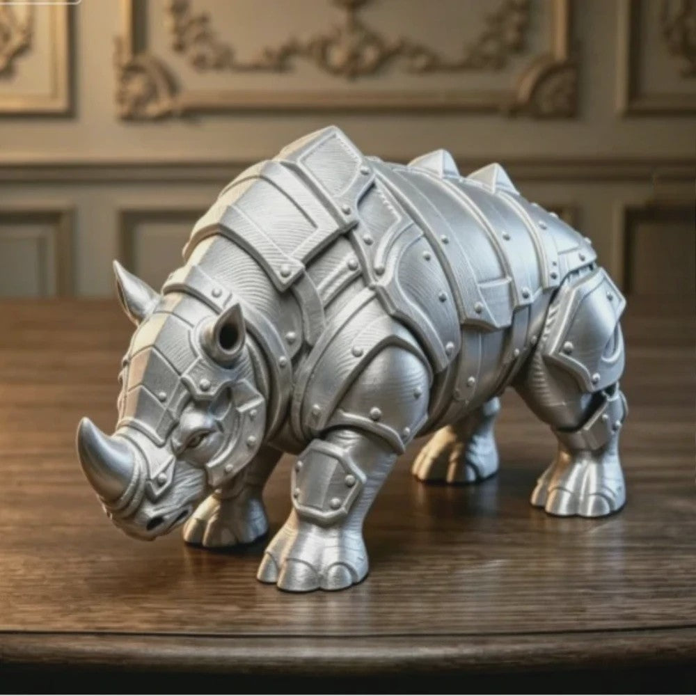 3D Geprinte Gepantserde Neushoorn Figuur - Middeleeuwse Rivet Punk Sculptuur