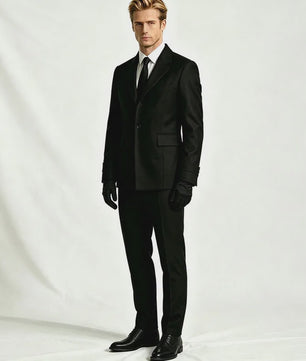 Compleet Heren Zwart Kostuum: Lange Trenchcoat, Vest, Shirt, Stropdas & Handschoenen