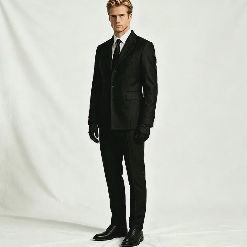 Compleet Heren Zwart Kostuum: Lange Trenchcoat, Vest, Shirt, Stropdas & Handschoenen