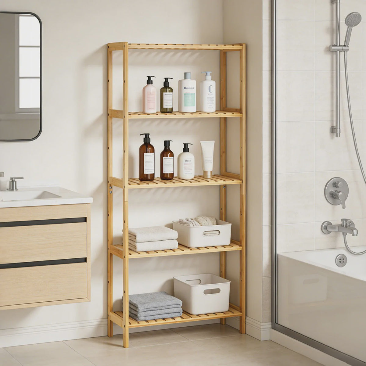 5-Laags Bamboe Opbergrek - Vrijstaand Houten Rek voor Badkamer, Keuken & Entree