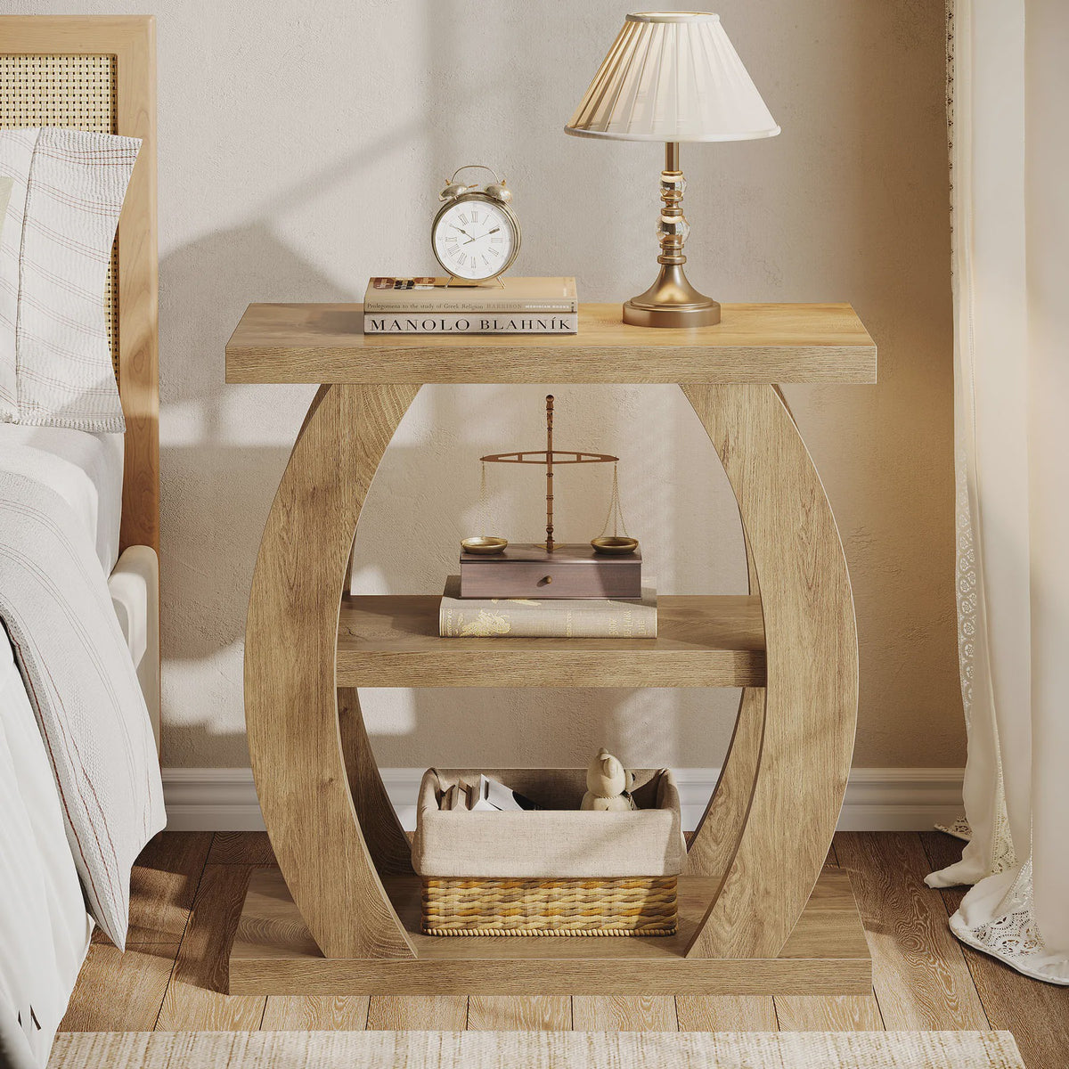 Houten Bijzettafel met 3 Niveaus en Geometrisch Frame - Natuurlijk Eiken