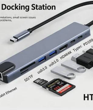 8-in-1 USB-C Hub: 4K HDMI, RJ45, SD/TF Kaartlezer & PD Snellaad Adapter