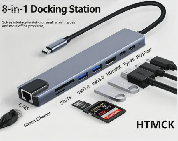 8-in-1 USB-C Hub: 4K HDMI, RJ45, SD/TF Kaartlezer & PD Snellaad Adapter