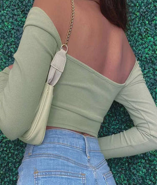 Dames Crop Top met Lange Mouwen, V-hals en Hart Uitsnede - Geribd & Stijlvol