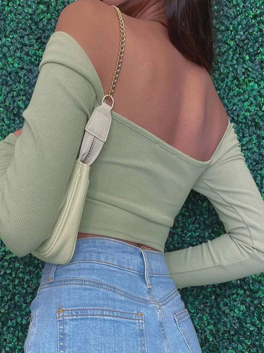 Dames Crop Top met Lange Mouwen, V-hals en Hart Uitsnede - Geribd & Stijlvol