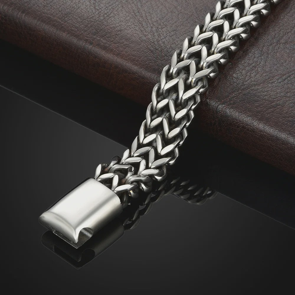 Stoere RVS Dubbele Riem Armband met Magnetische Sluiting - Visgraat Patroon