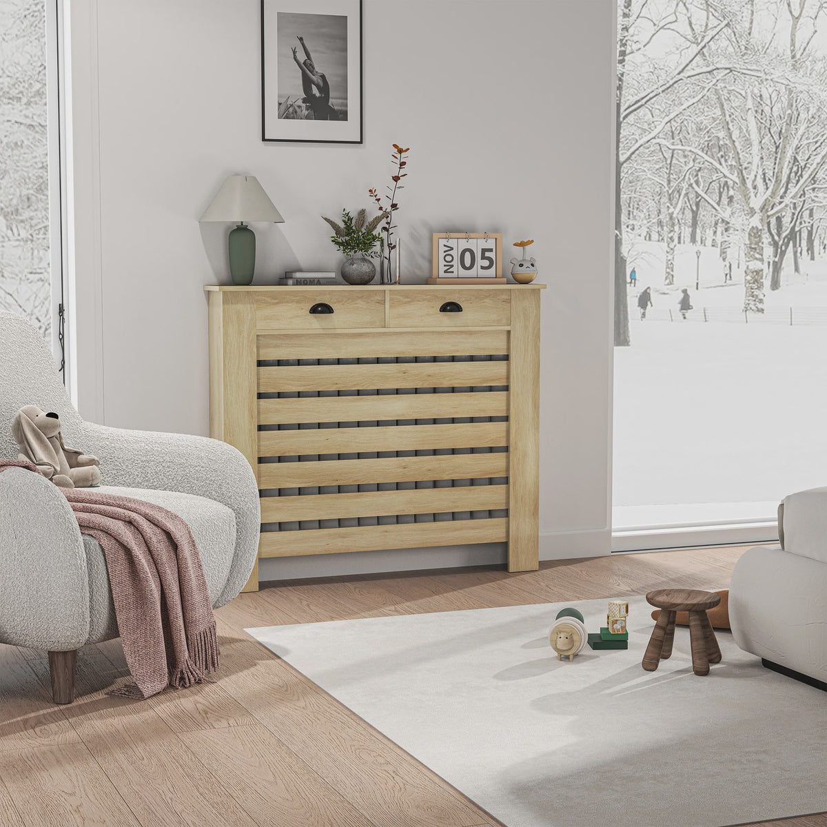 Stijlvolle MDF Radiatorombouw met Lade - Eikenlook - 111x19x95.5 cm