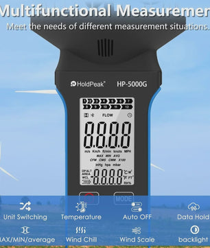HP-5000G Digitale Anemometer: Compact, Waterdicht, Oplaadbaar met Touchscreen & Backlight