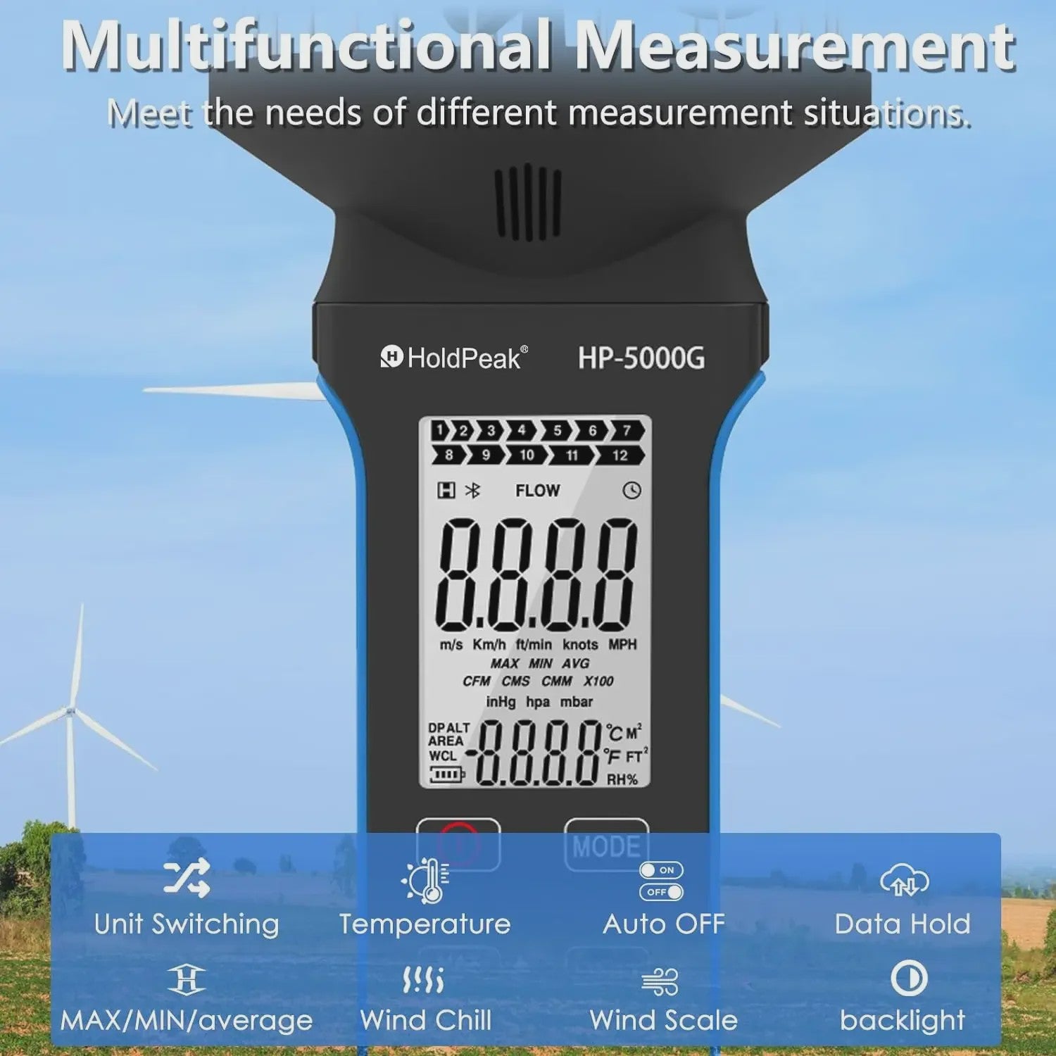HP-5000G Digitale Anemometer: Compact, Waterdicht, Oplaadbaar met Touchscreen & Backlight