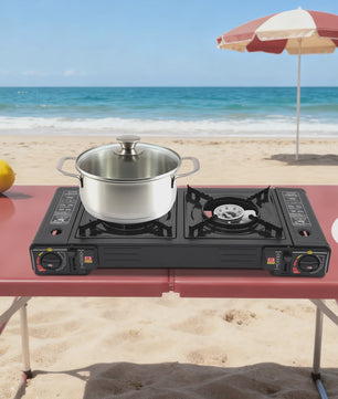 Draagbaar Camping Gasfornuis met 2 Brander, Bakplaat & Koffer
