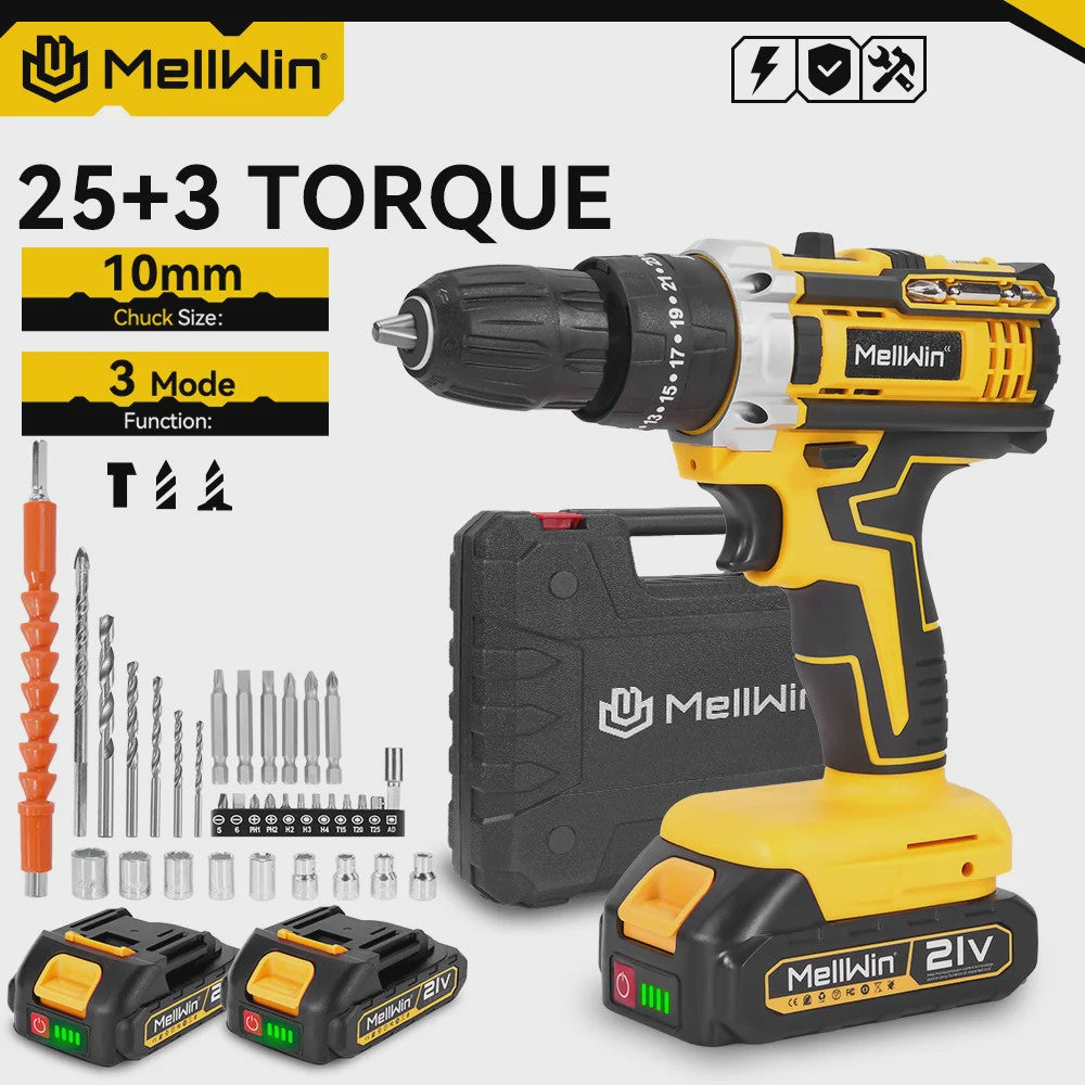 MELLWIN Accu Klopboormachine Set 25+3 Nm Koppel - 10mm Klopboormachine met 2x 21V Batterijen