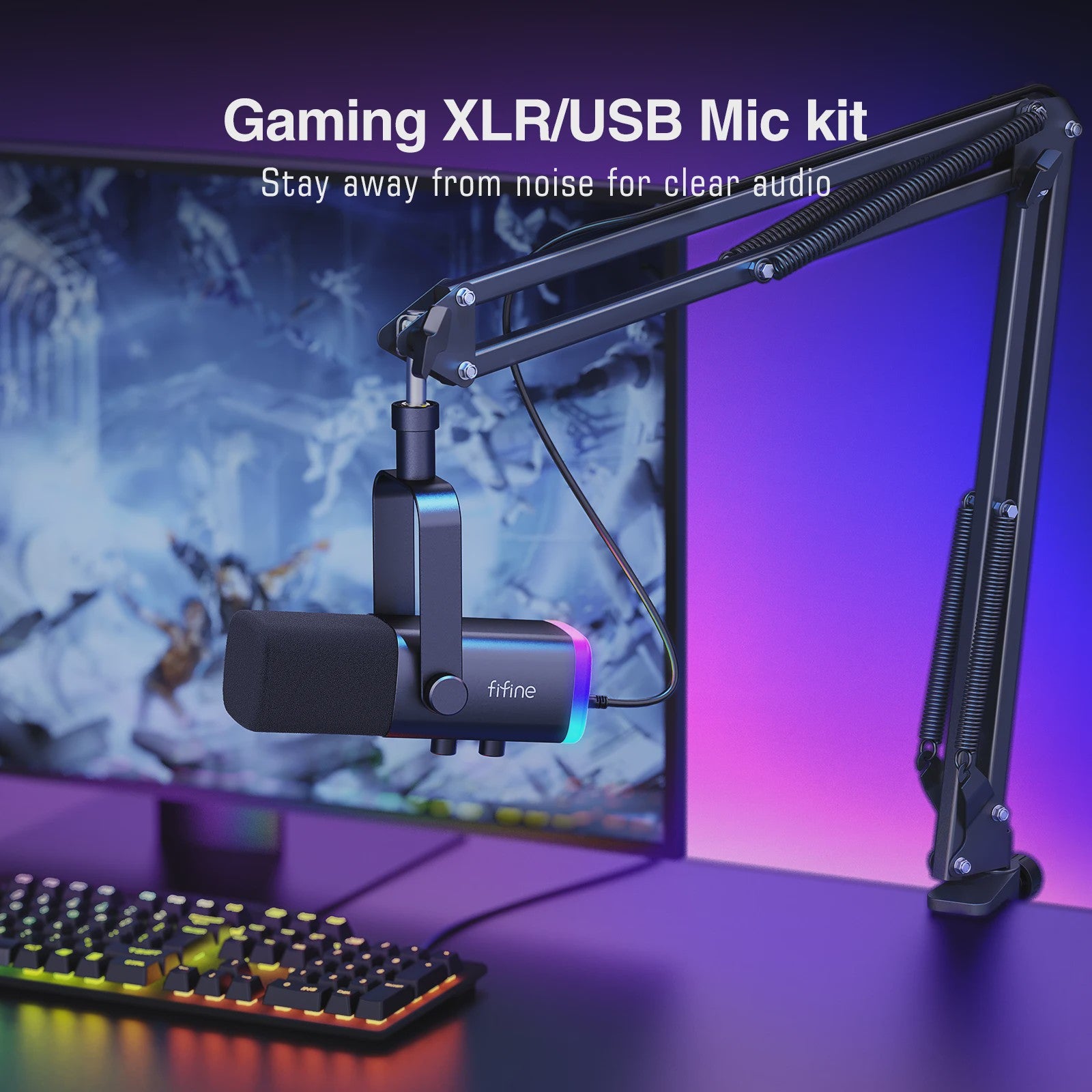 FIFINE AM8T XLR/USB Microfoon Kit met Armatuur, Mute, RGB & Hoofdtelefoonaansluiting - Gaming & Streaming