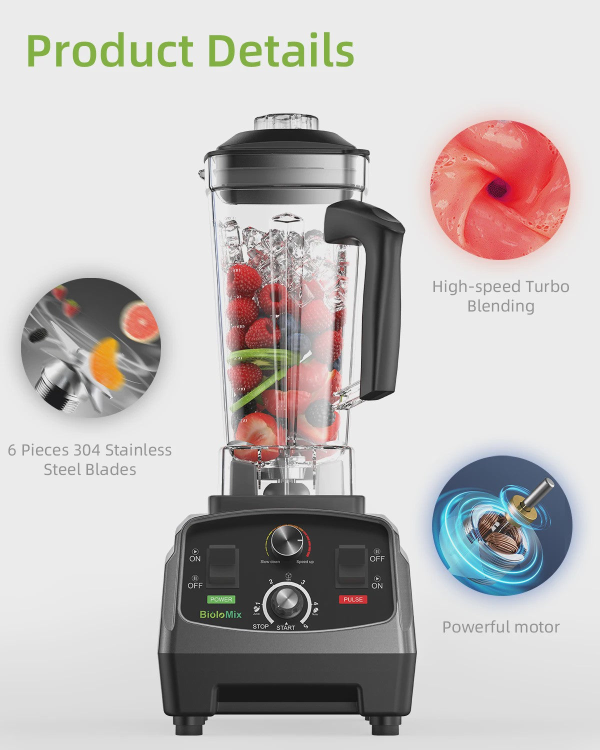 BioloMix 2200W Krachtige Blender met Timer & 2L BPA-vrije Kan - Heavy Duty Mixer