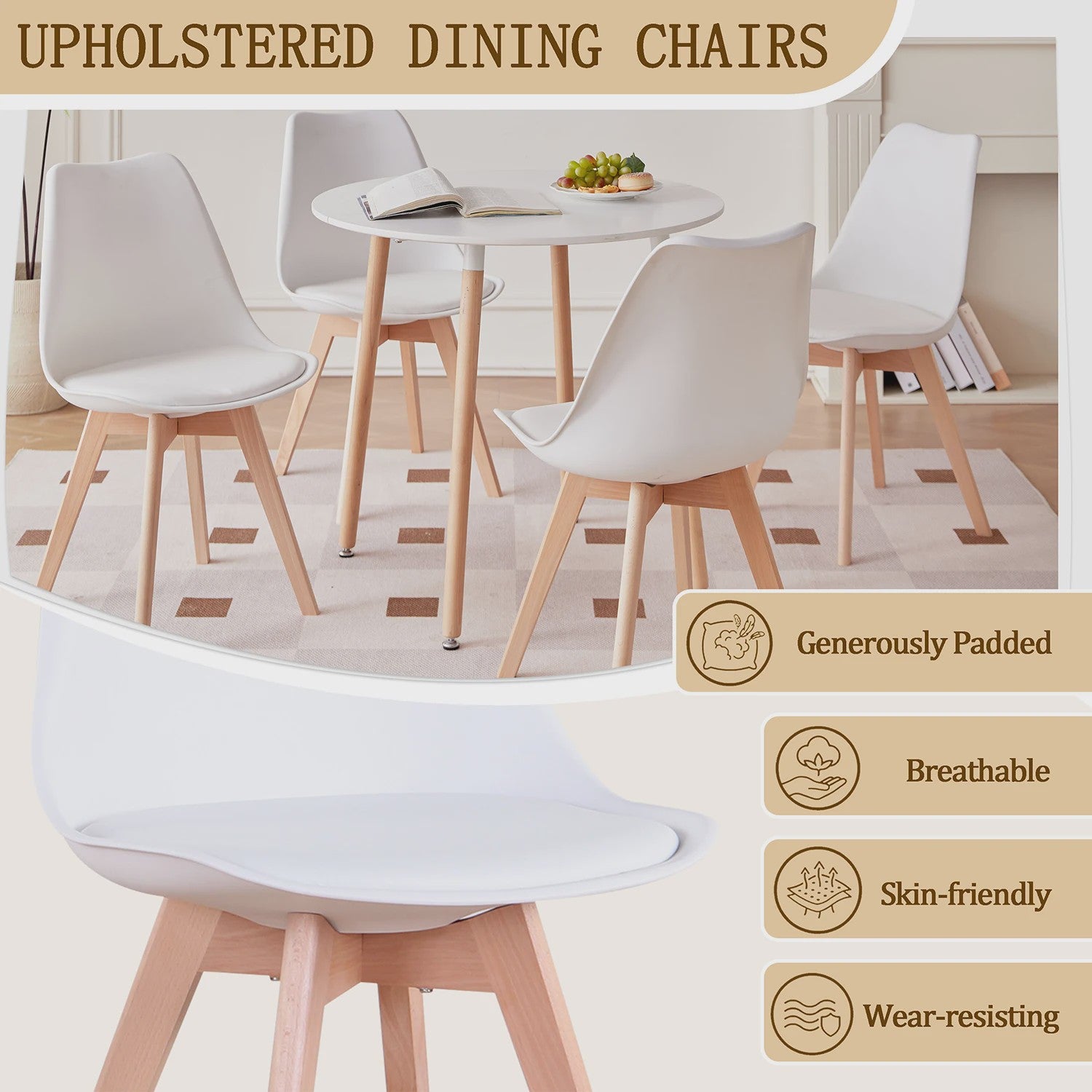 Set van 4 of 6 Nordic Eetkamerstoelen met PU Zitting en Beukenhouten Poten