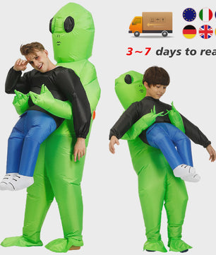 Opblaasbaar Buitenaards Kostuum - Groene Alien met Kind op Arm - Volwassen Feestkostuum