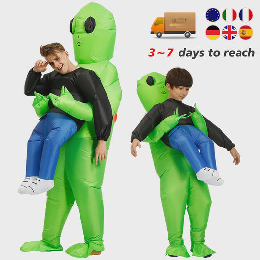 Opblaasbaar Buitenaards Kostuum - Groene Alien met Kind op Arm - Volwassen Feestkostuum