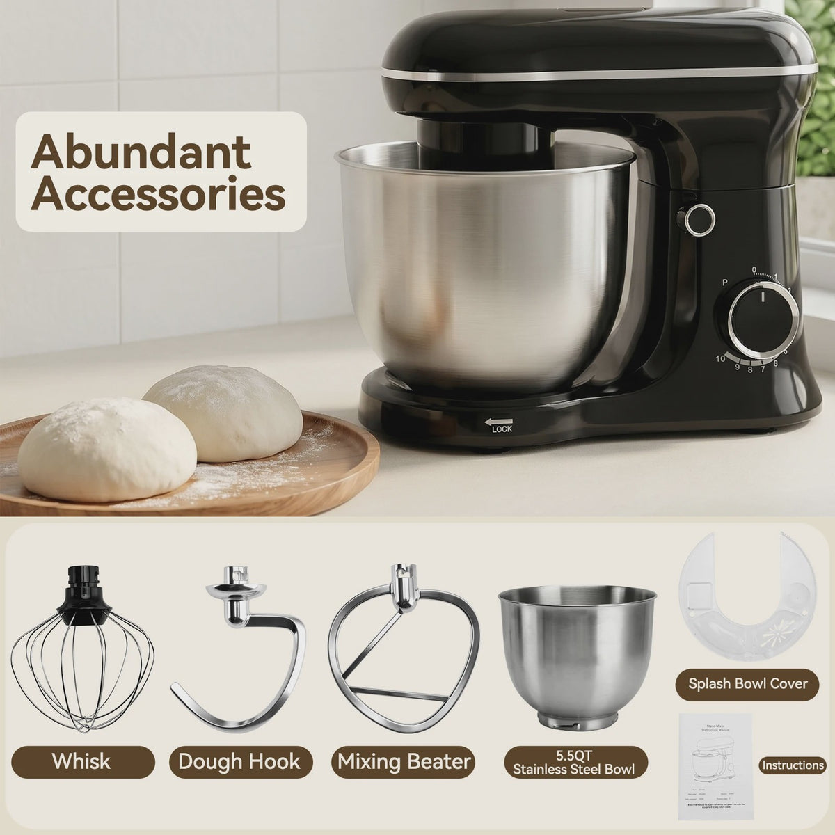 Krachtige 5.2L Keukenmachine 3-in-1: Mixen, Kneden & Kloppen voor Brood, Cake & Meer