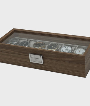 Luxe Houten Horlogedoos met Glazen Deksel - 6 Vakken - Walnoot Patroon