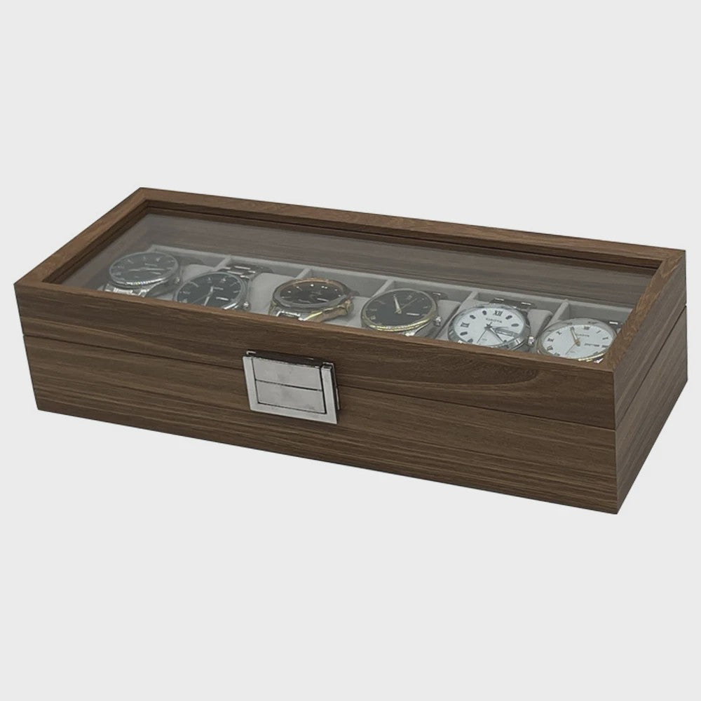 Luxe Houten Horlogedoos met Glazen Deksel - 6 Vakken - Walnoot Patroon