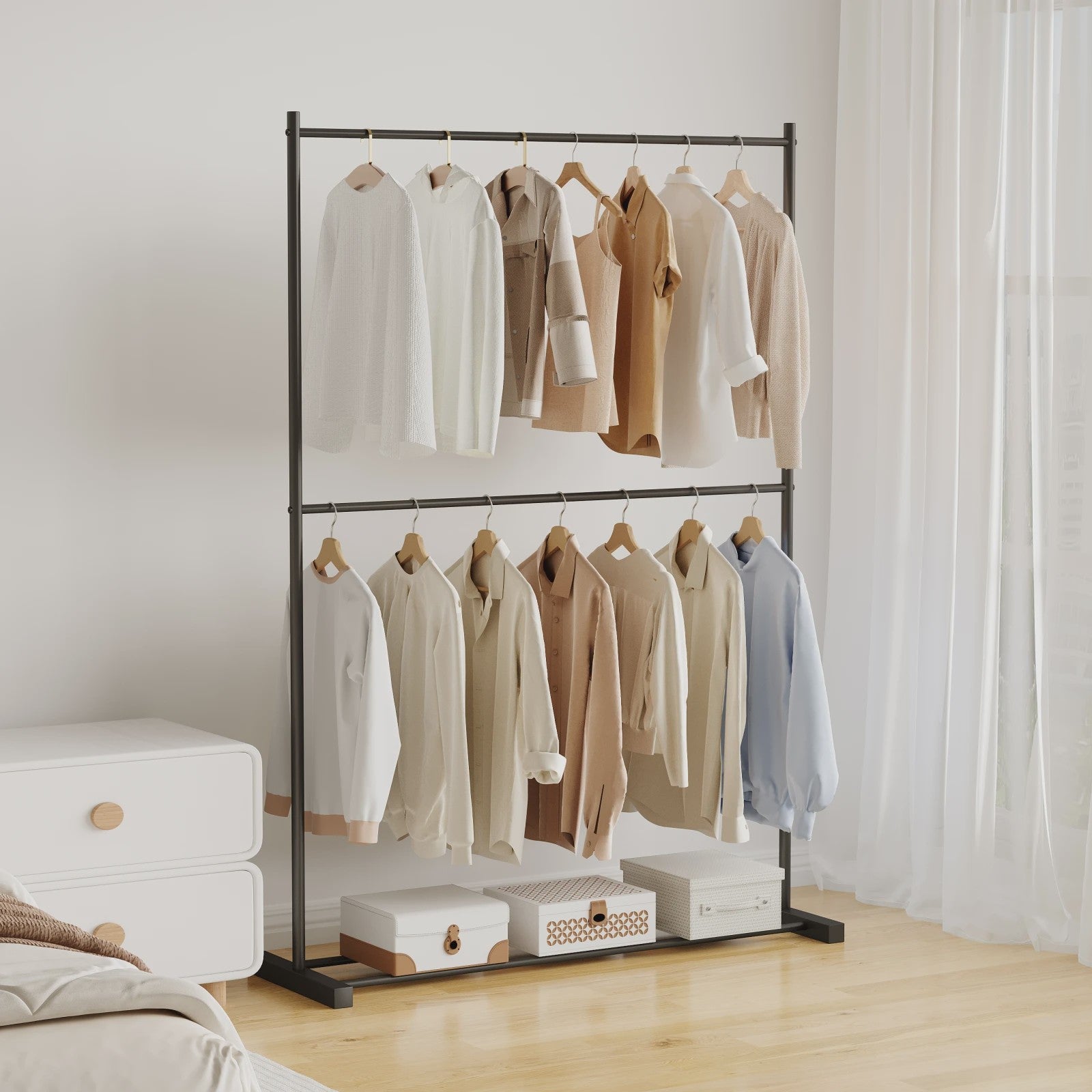Stabiele Kledingrek Dubbellaags - Multifunctioneel & Nordic Stijl - Zwart, Wit, Goud