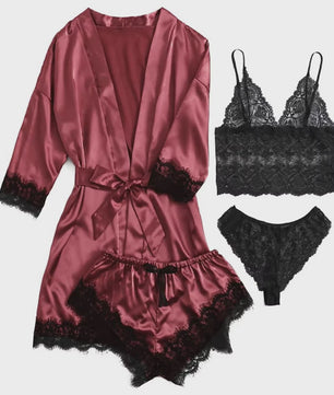 Luxe 4-delige Satin Pyjamaset met Kant - Comfortabel & Sexy