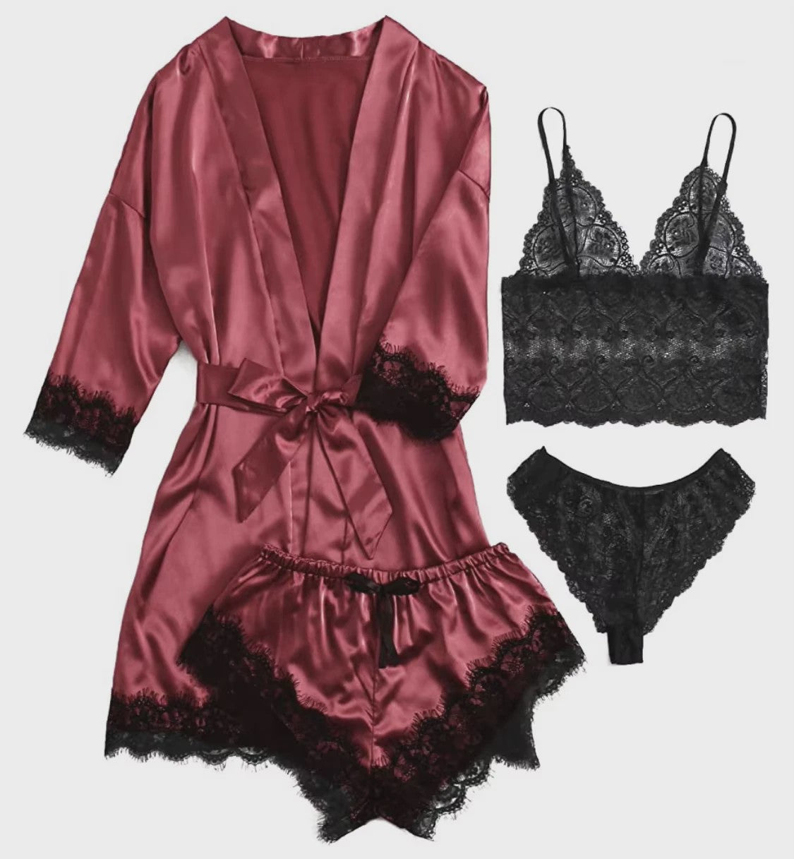 Luxe 4-delige Satin Pyjamaset met Kant - Comfortabel & Sexy