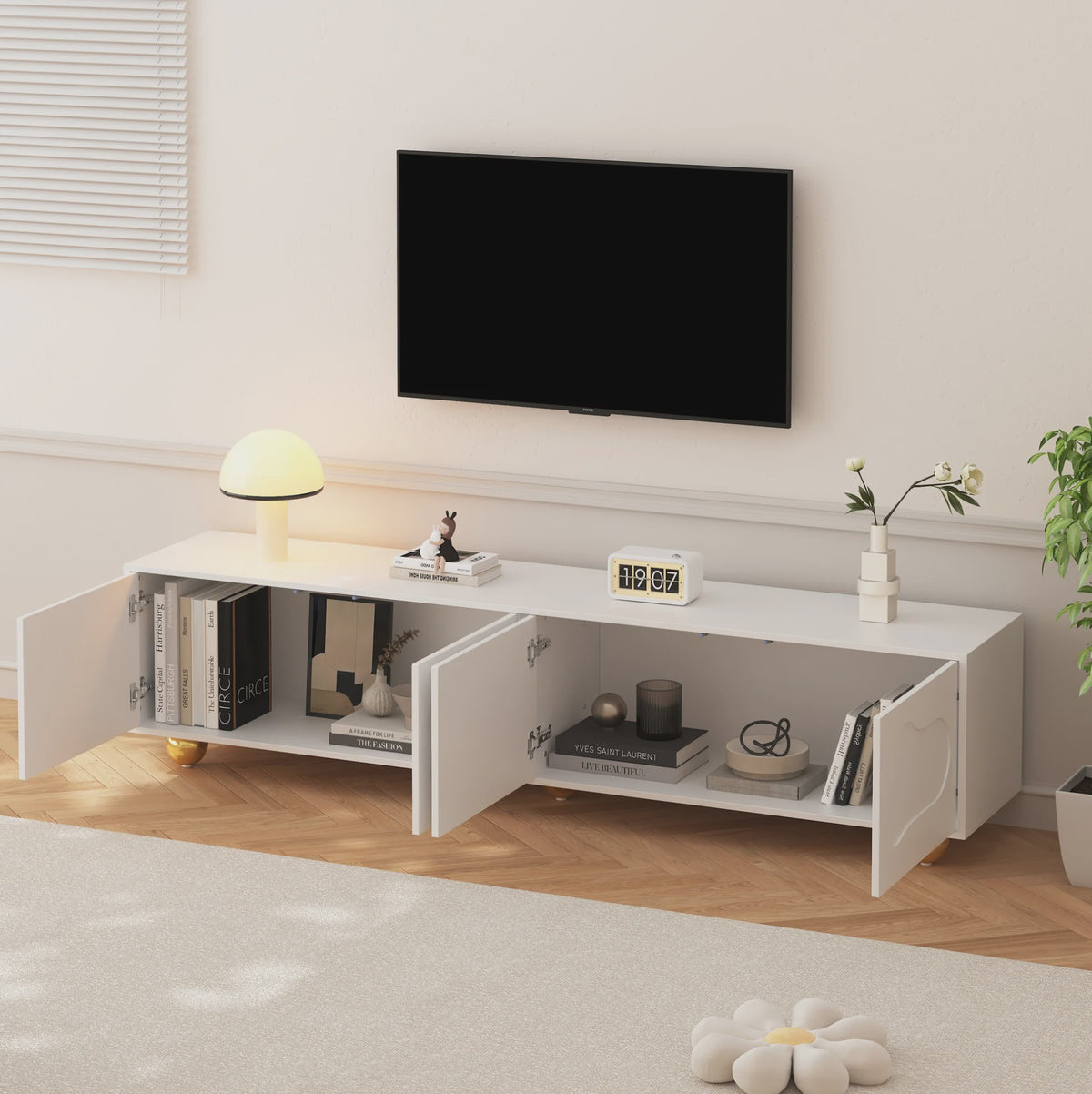 180cm Wit TV-meubel met Cloud Design, 4 Deuren, Geschikt voor 75-inch TV's