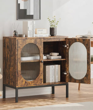 Industriële Buffetkast met Geribbelde Glazen Deuren - Hout & Metaal