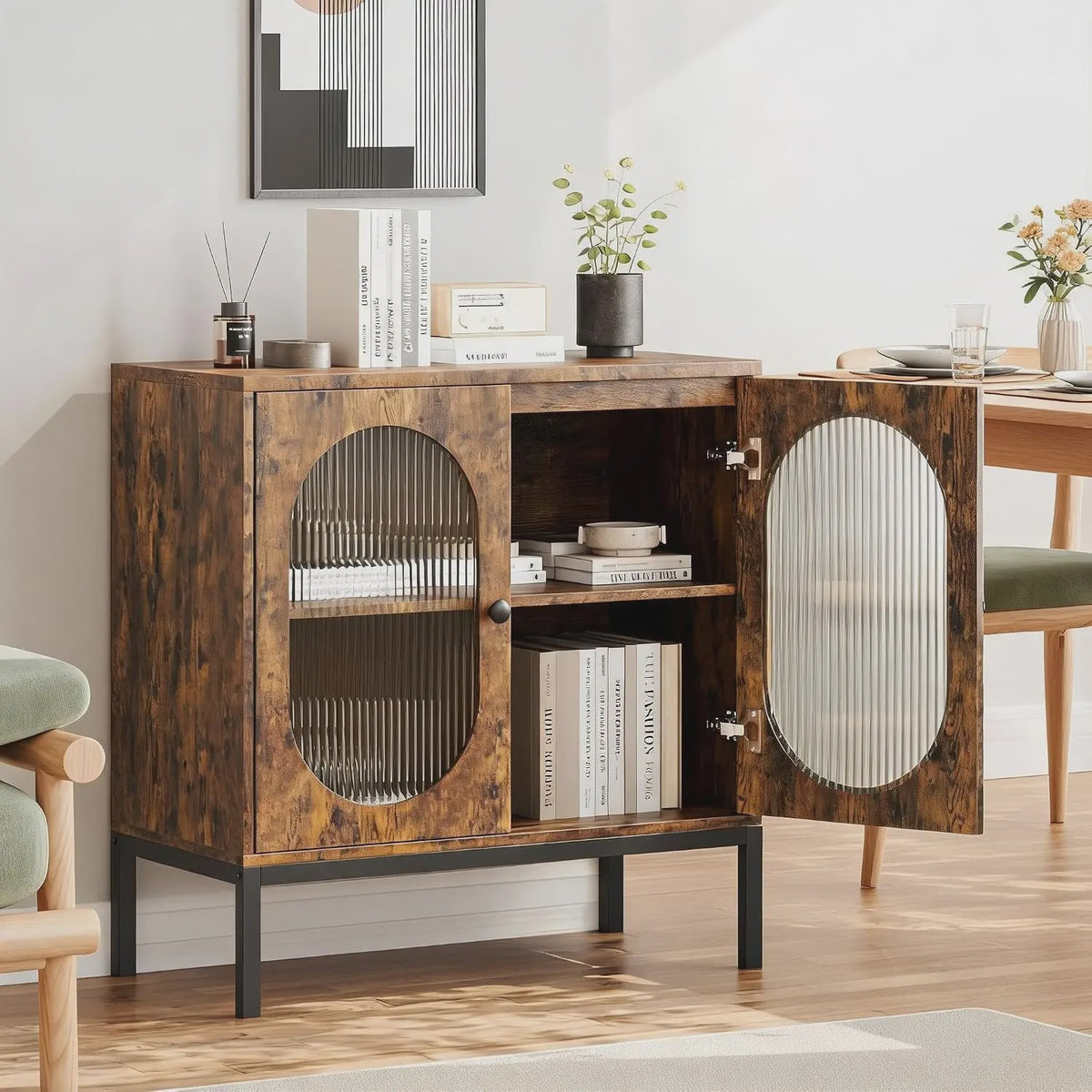 Industriële Buffetkast met Geribbelde Glazen Deuren - Hout & Metaal