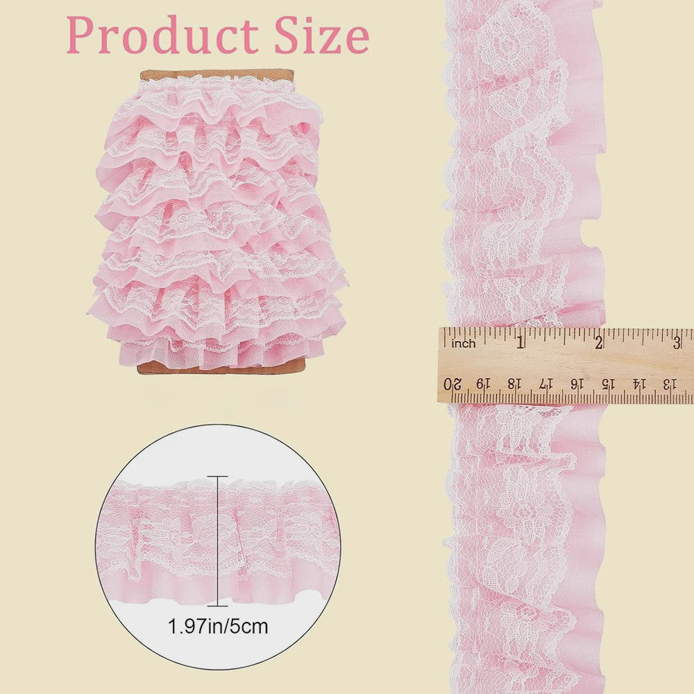 Ruffle Kantband met Borduurwerk - 5cm Breed - Zwart, Wit, Roze - DIY Decoratie