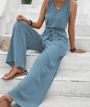Modieuze Dames Jumpsuit met Wijde Pijpen, V-hals en Strikceintuur - Zomer & Vakantie