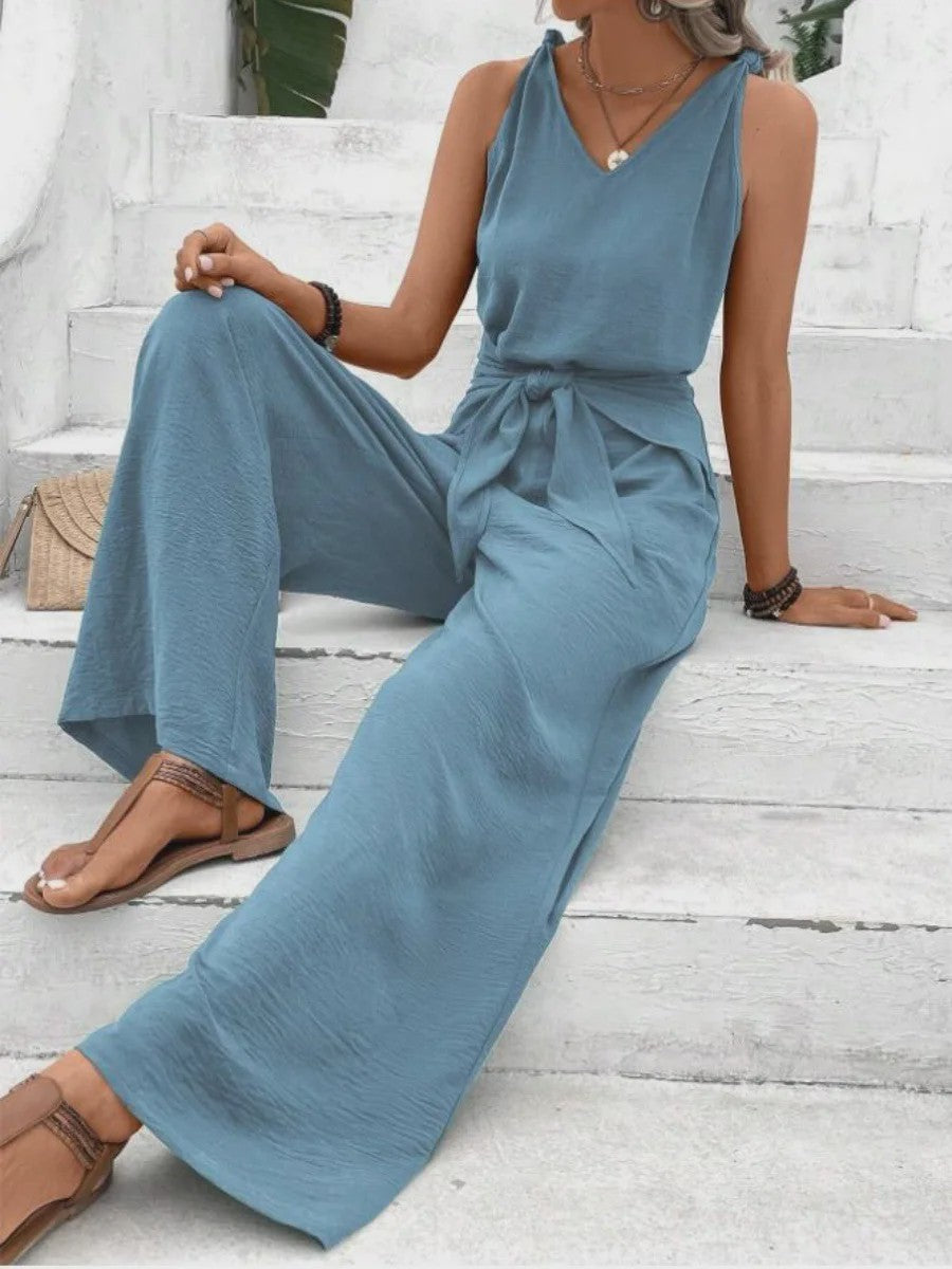 Modieuze Dames Jumpsuit met Wijde Pijpen, V-hals en Strikceintuur - Zomer & Vakantie