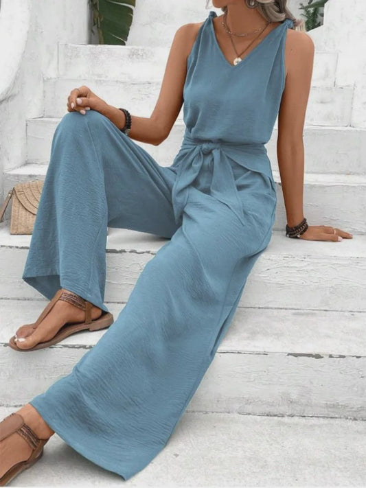 Modieuze Dames Jumpsuit met Wijde Pijpen, V-hals en Strikceintuur - Zomer & Vakantie