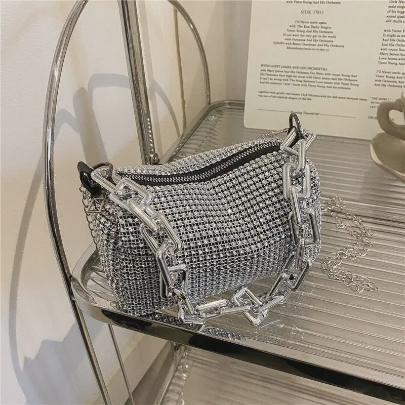 Glitter Strass Bucket Bag met Ketting - Luxe Mini Crossbody Tas voor Dames
