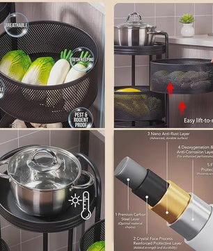 Draaibare Keuken Trolley 3-5 Laags - Carbon Staal Mesh Opbergrek met Wielen & Deksel