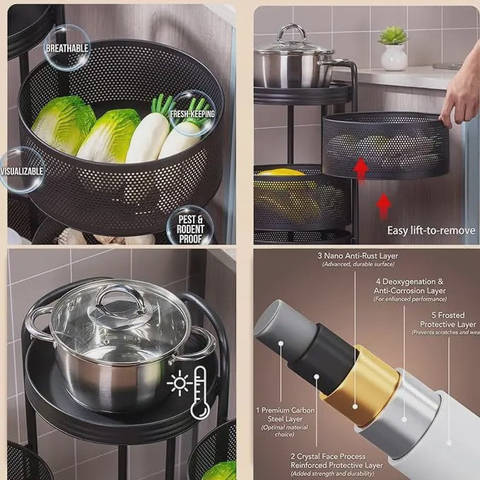 Draaibare Keuken Trolley 3-5 Laags - Carbon Staal Mesh Opbergrek met Wielen & Deksel