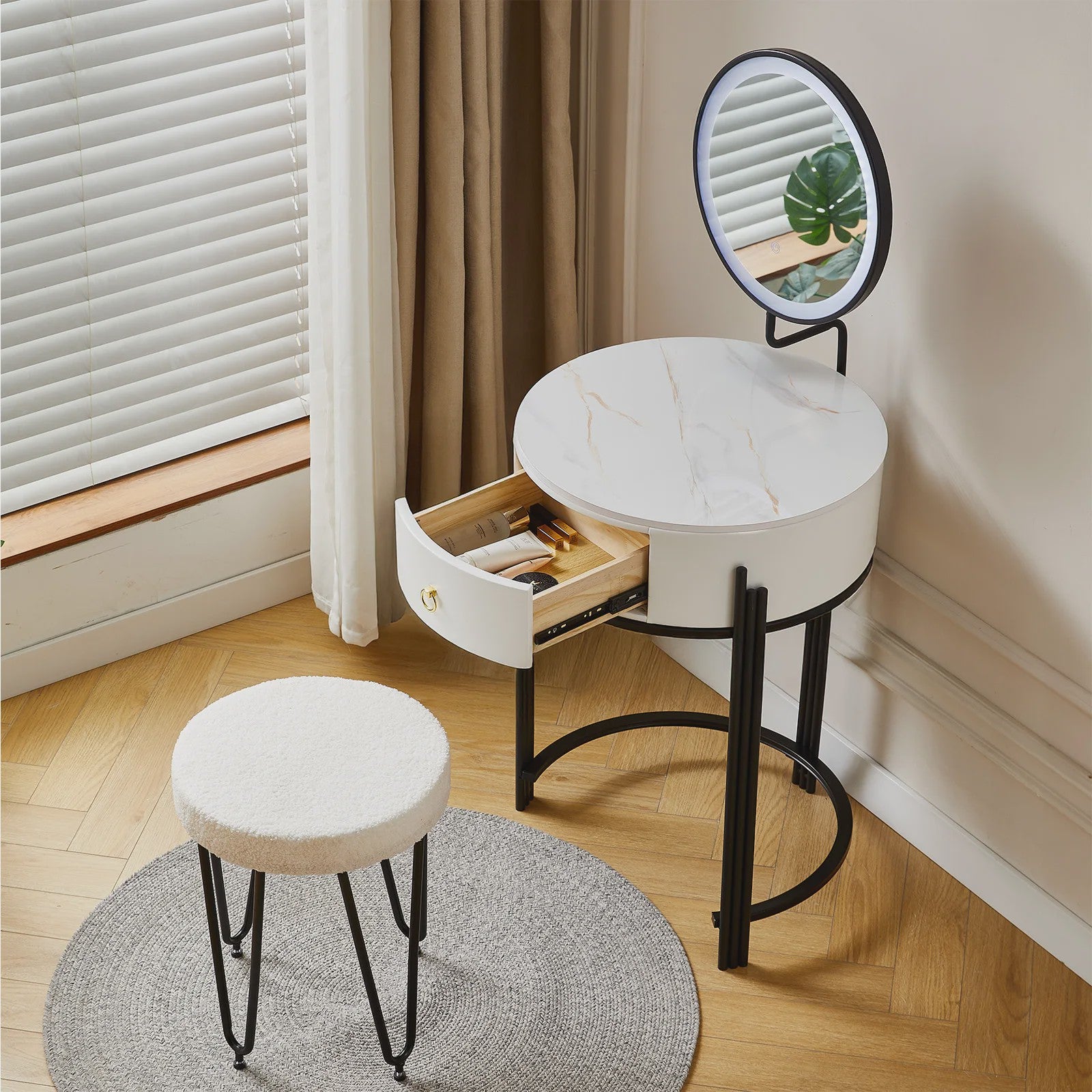 Kaptafel met LED Verlichting, Spiegel, Lade en Kruk - Modern Design