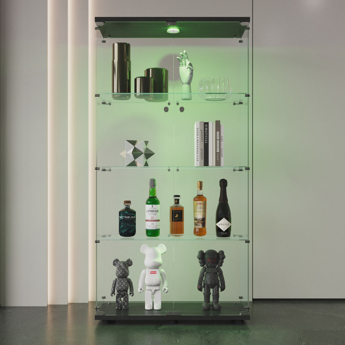 Glazen Vitrinekast met LED Verlichting, 4 Planken, 2 Deuren - Zwart/Wit