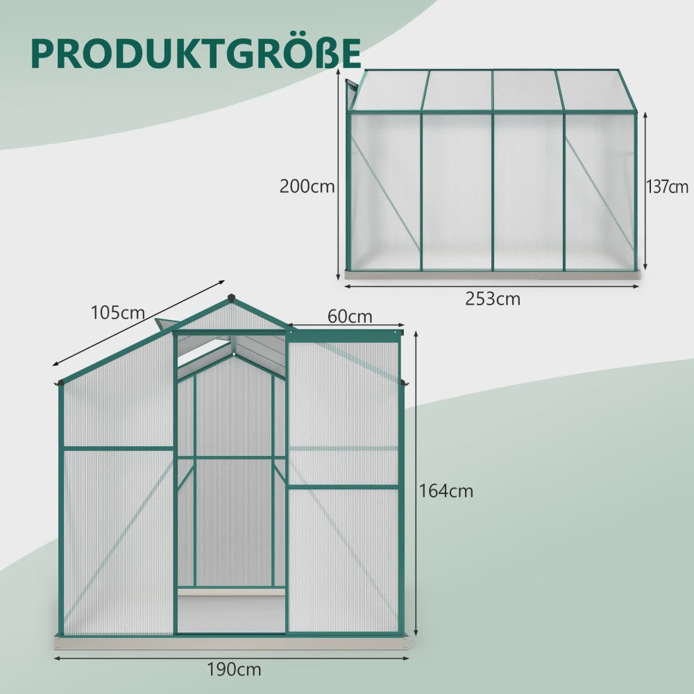 Aluminium Kweekkas met Fundering 4,75 M² - 190x253 cm met Dakraam en Schuifdeur