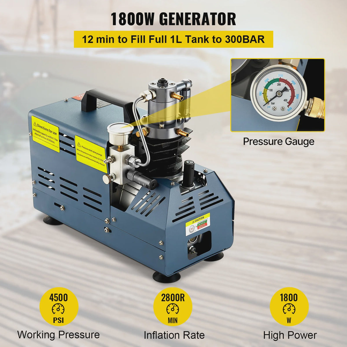 Krachtige Hogedruk Luchtcompressor Pomp 1800W - 4500PSI/300BAR