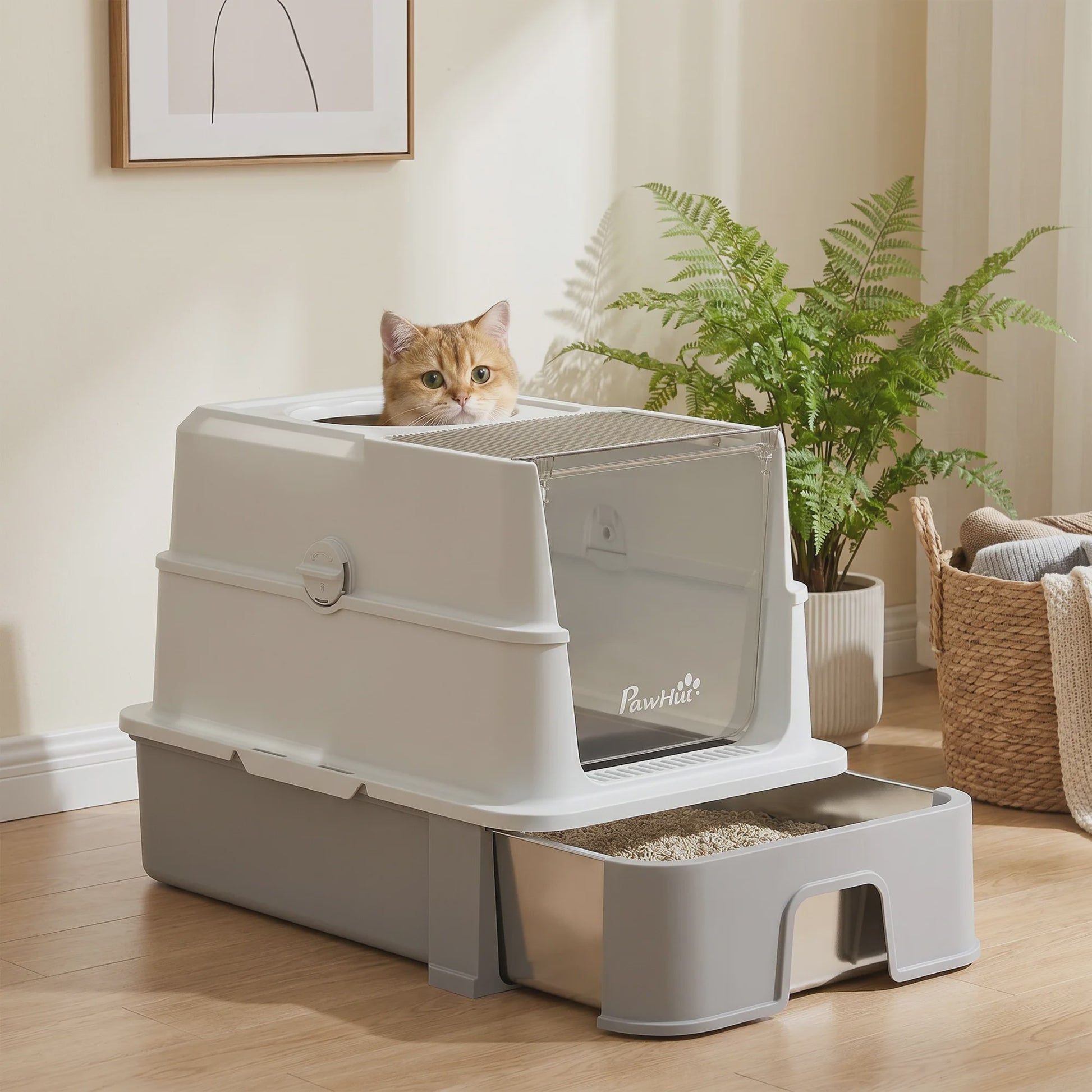 Pawhut Roestvrij Staal Kattenbak met Lade - Verwijderbaar Deksel, Inclusief Schep & Filter - 60x40x45cm, Grijs
