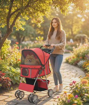 PawHut Honden- en Kattenbuggy - Opvouwbare Dierentransportwagen met Bekerhouder en Mand - Rood