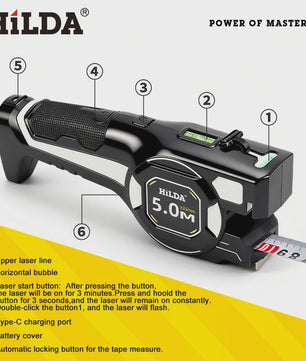 HILDA Laser Meetlint met Groen Laserwaterpas & Automatische Vergrendeling - USB Oplaadbaar