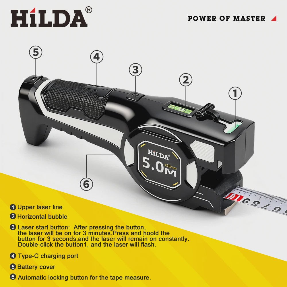 HILDA Laser Meetlint met Groen Laserwaterpas & Automatische Vergrendeling - USB Oplaadbaar