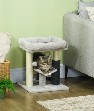 Kleine Kattentoren met Krabpaal en Hangbal - 48 cm Hoog - Grijs