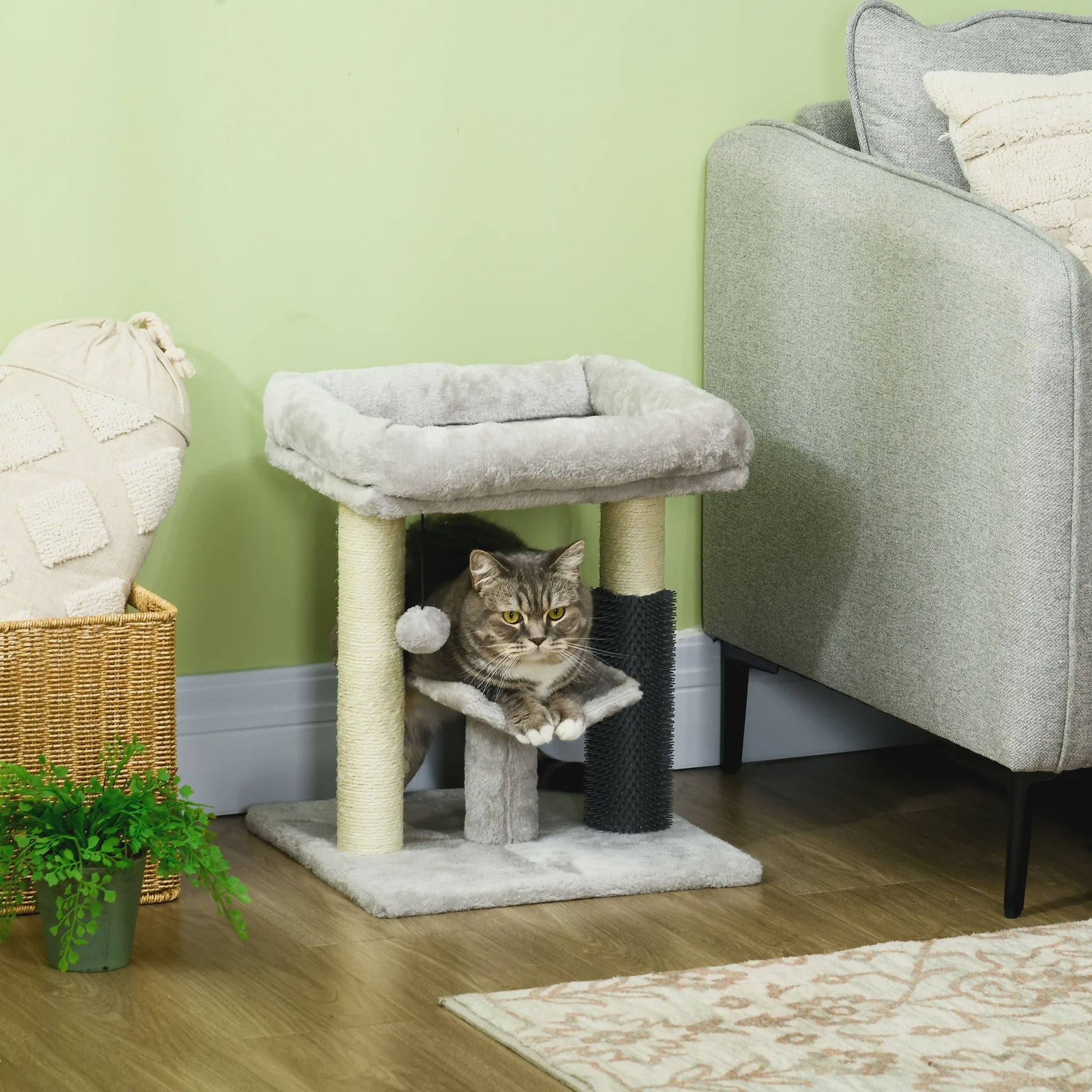 Kleine Kattentoren met Krabpaal en Hangbal - 48 cm Hoog - Grijs